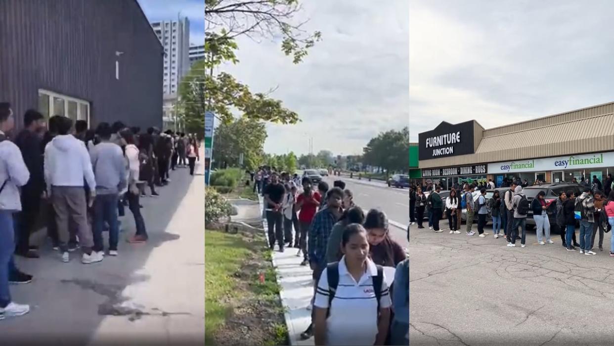 Several videos on social media show long lineups for work across southern Ontario. These videos were taken in Toronto, Mississauga and Kitchener. (Reddit - image credit)
