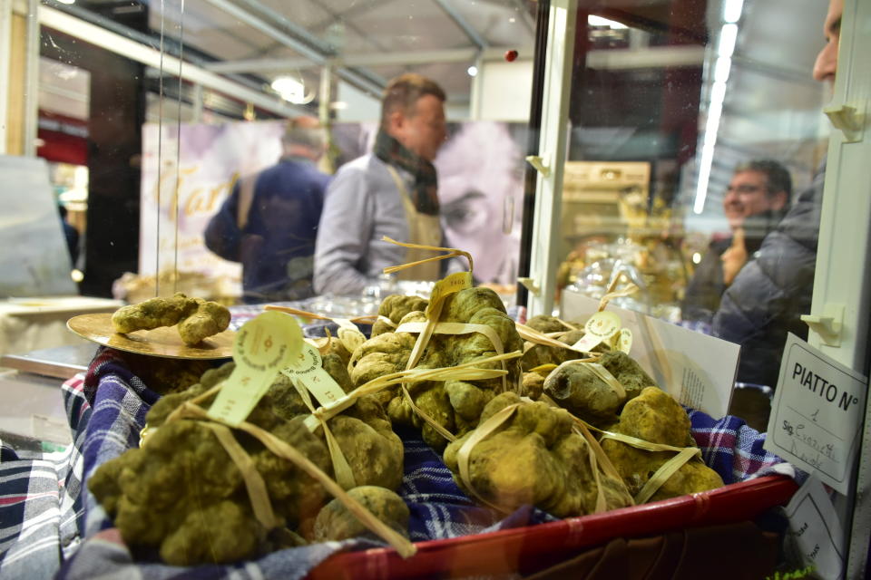 In this photo taken on Saturday, Nov. 9, 2019, a collection of white truffles are displayed against the backdrop of the Alba Truffle Fair, where many of the region's 4,000 truffle hunters trade the delicacy during October and November each year. (AP Photo/Martino Masotto)