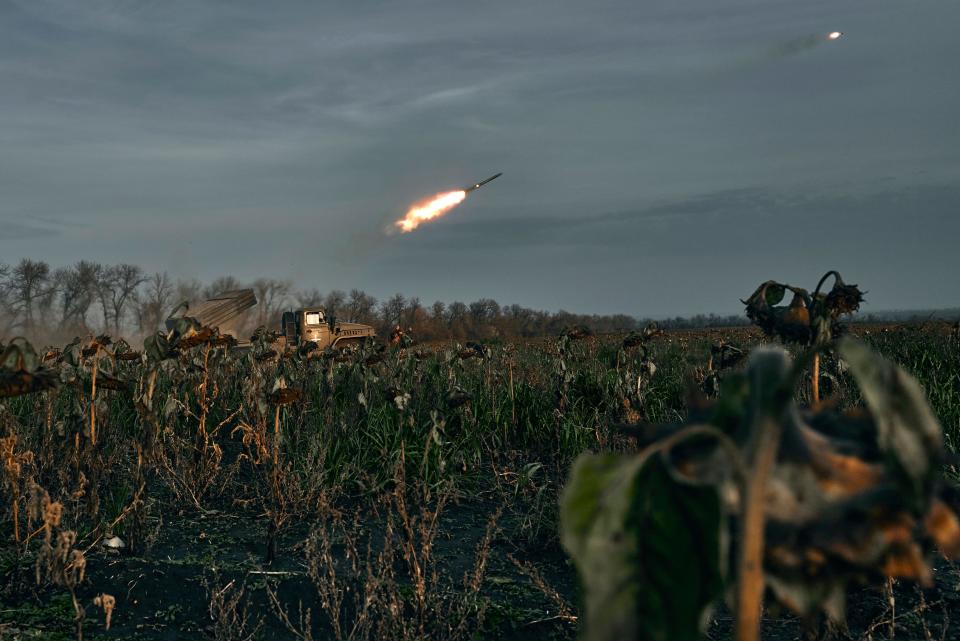 Ukrainian military's Grad multiple rocket launcher fires rockets at Russian positions in the frontline near Bakhmut, Donetsk region, Ukraine, Thursday, Nov. 24, 2022.
