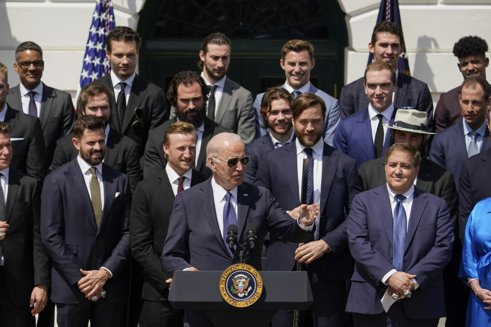 President Joe Biden speaks during an event to celebrate the Tampa Bay Lightning's 2020 and 2021 Stanley Cup championships at the White House, Monday, April 25, 2022, in Washington. (AP Photo/Andrew Harnik)