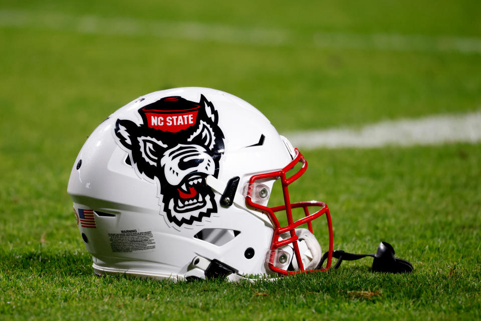 RALEIGH, NC - NOVEMBER 05: A detail view of a North Carolina State Wolfpack helmet prior to the game against the Wake Forest Demon Deacons at Carter-Finley Stadium on November 5, 2022 in Raleigh, North Carolina. NC State won 30-21. (Photo by Lance King/Getty Images)