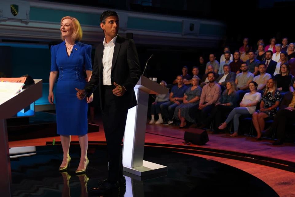 Rishi Sunak and Liz Truss before taking part in a Tory leadership debate (Jacob King/PA) (PA Wire)