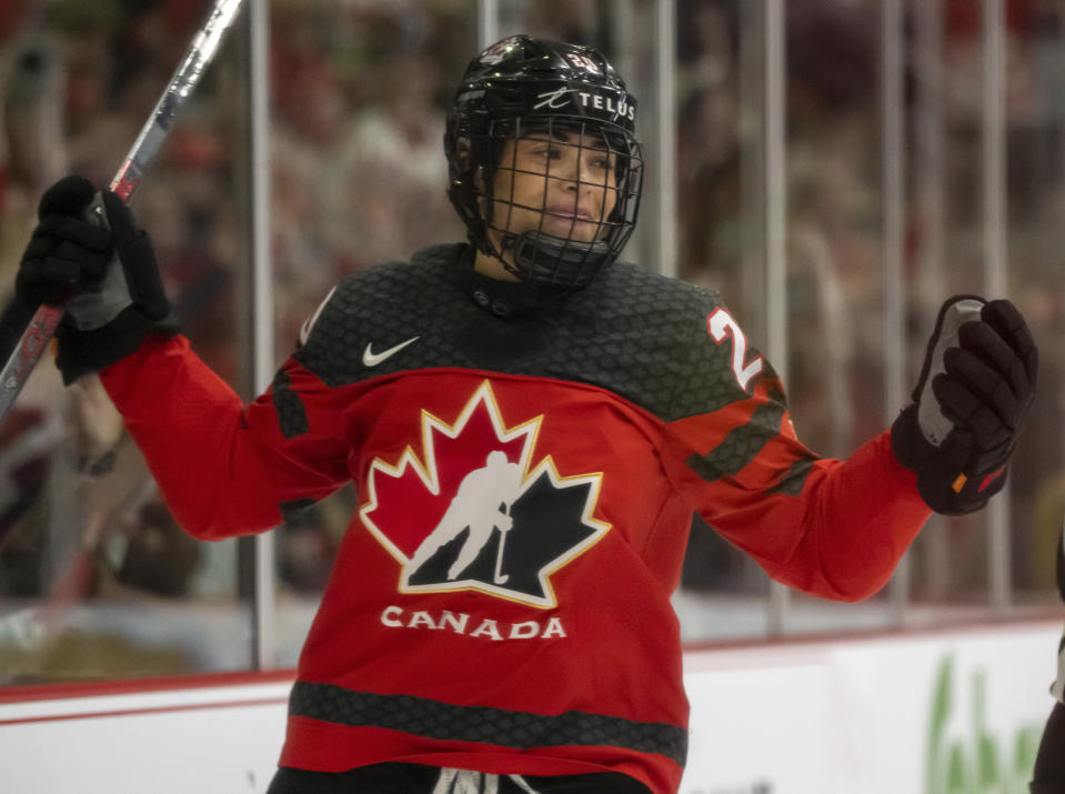 Canada forward Sarah Nurse celebrates after her goal against Sweden during the second period of a quarterfinal match at the women's world hockey championships in Brampton, Ontario, Thursday, April 13, 2023. (Frank Gunn/The Canadian Press via AP)