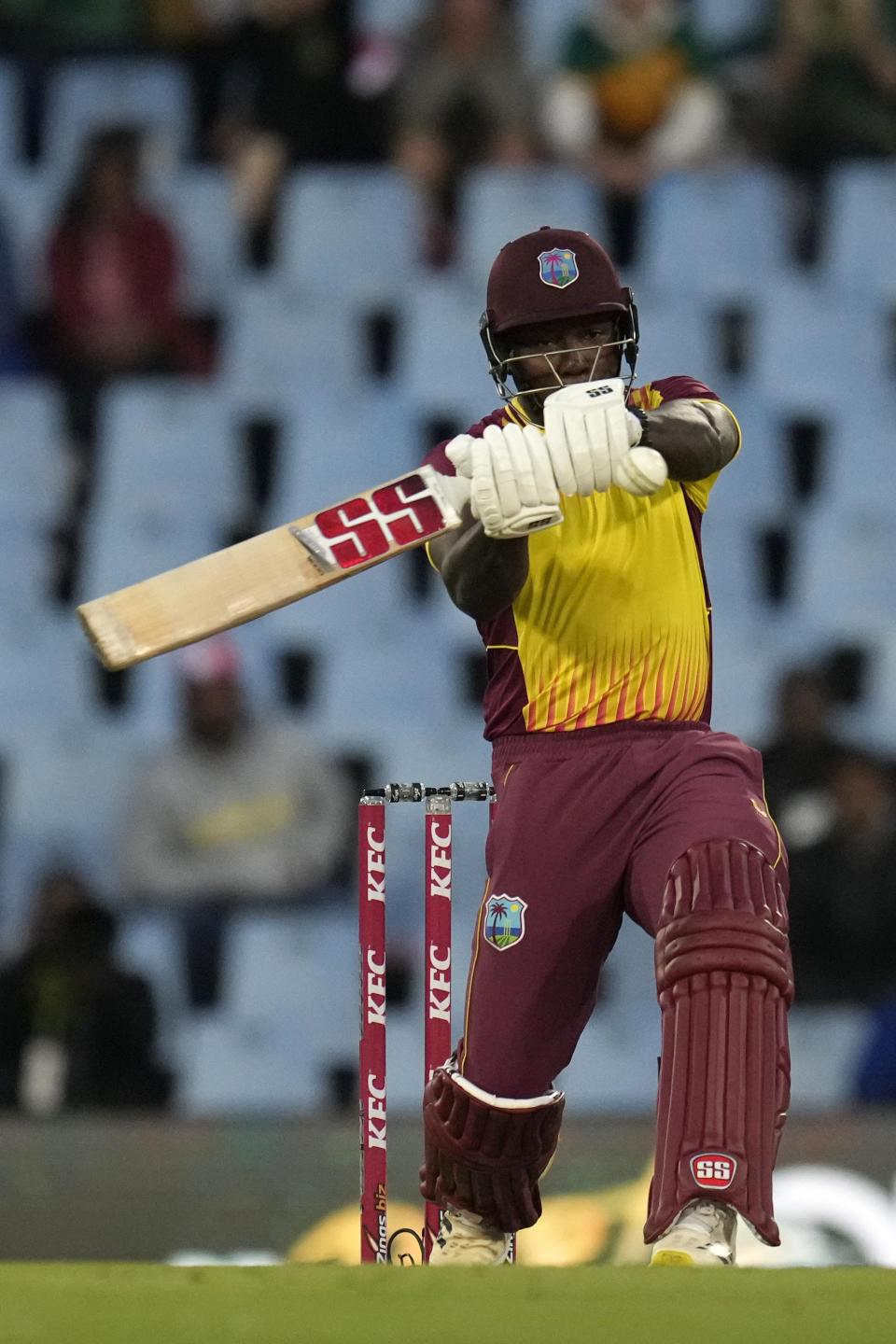 West Indies's batsman Rovman Powell plays a stroke shot during the first T20 cricket match between South Africa and West Indies, at Centurion Park, in Pretoria, South Africa, Saturday, March 25, 2023. (AP Photo/Themba Hadebe)