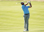 Max Homa watches his second shot on the seventh hole during the final round of the Genesis Invitational golf tournament at Riviera Country Club, Sunday, Feb. 21, 2021, in the Pacific Palisades area of Los Angeles. (AP Photo/Ryan Kang)