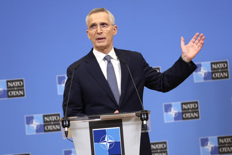 NATO Secretary General Jens Stoltenberg speaks during a media conference, ahead of a meeting of NATO foreign ministers, at NATO headquarters in Brussels, Monday, April 3, 2023. (AP Photo/Geert Vanden Wijngaert)