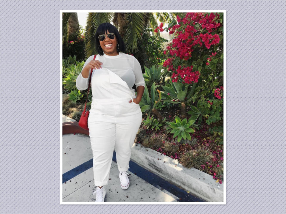 <p>Whoever said you can’t wear white after Labor Day got it wrong, especially if you live in a warmer climate. Try <a rel="nofollow noopener" href="https://www.instagram.com/p/BaDQEPFAAzm/?hl=en&taken-by=kellyaugustineb" target="_blank" data-ylk="slk:Kelly Augustine;elm:context_link;itc:0;sec:content-canvas" class="link ">Kelly Augustine</a>‘s look by rocking the clean look with a pair of must-have white overalls and a long-sleeve mesh top. (Photo: Kelly Augustine) </p>