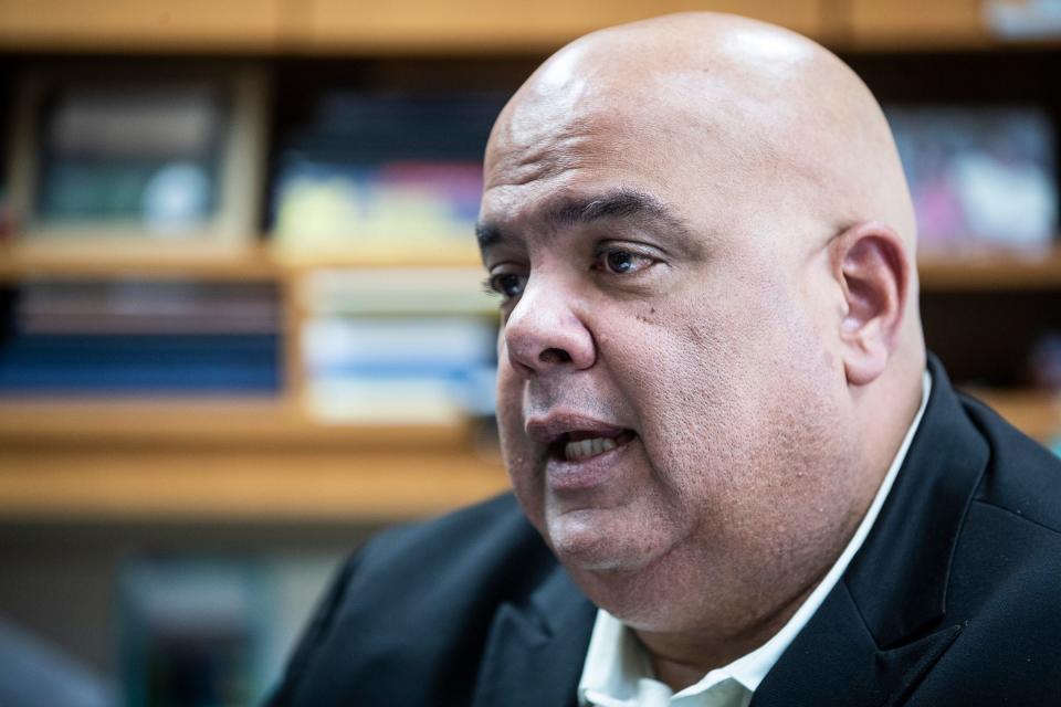 Michigan athletic director Warde Manuel talks during an interview with the Free Press Michigan beat writer Tony Garcia at U-M's Weidenbach Hall in Ann Arbor on Monday, April 22, 2024.