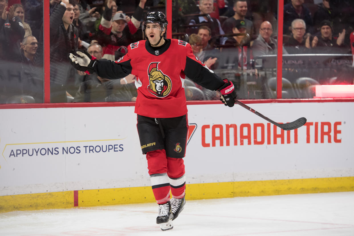 Nov 6, 2018; Ottawa, Ontario, CAN; Ottawa Senators center Colin White (36) celebrates his goal scored in the second period against the New Jersey Devils at Canadian Tire Centre. Mandatory Credit: Marc DesRosiers-USA TODAY Sports