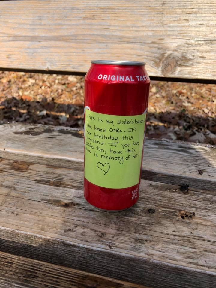 The sweet note was attached to a can and left on a bench. Photo: Supplied/Grace Zimmerman