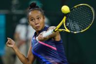 Leylah Fernandez, of Canada, returns a shot to Anastasia Pavlyuchenkova, of Russia, at the BNP Paribas Open tennis tournament Sunday, Oct. 10, 2021, Calif. (AP Photo/Mark J. Terrill)