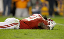 TUSCALOOSA, AL - NOVEMBER 05: Dre Kirkpatrick #21 of the Alabama Crimson Tide is hurt after a punt during the game against the LSU Tigers at Bryant-Denny Stadium on November 5, 2011 in Tuscaloosa, Alabama. (Photo by Streeter Lecka/Getty Images)