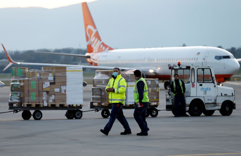 The International Committee of Red Cross (ICRC) sends cargo to Ukraine, during the coronavirus disease (COVID-19) outbreak, at Cointrin Airport in Geneva