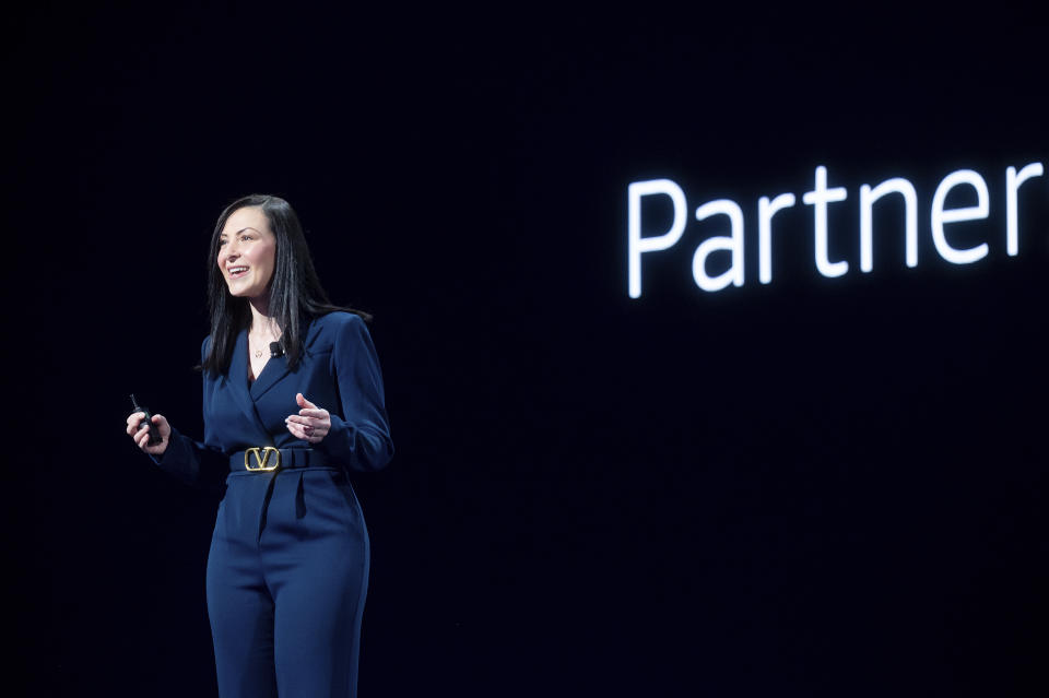 IMAGE DISTRIBUTED FOR AWS - Amazon Web Services (AWS) Vice President of Worldwide Channels and Alliances Dr. Ruba Borno delivers a keynote address at the AWS re:Invent 2023 conference on Wednesday, Nov. 29, 2023, in Las Vegas. (Noah Berger/AWS via AP Images)