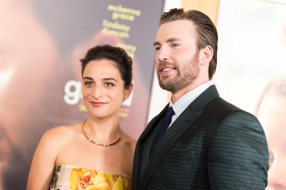 Closeup of Jenny Slate and Chris Evans