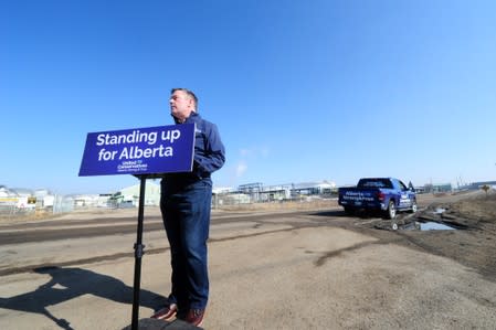 FILE PHOTO: United Conservative Leader Jason Kenney speaks in front of the Trans Mountain Edmonton Terminal in Edmonton