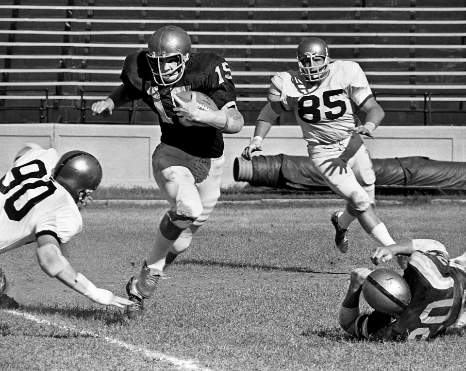 Mack Brown, the former Cookeville High School star, is seen here as a sophomore tailback at Vanderbilt (15) in action during the spring scrimmage at Dudley Field May 4, 1970.