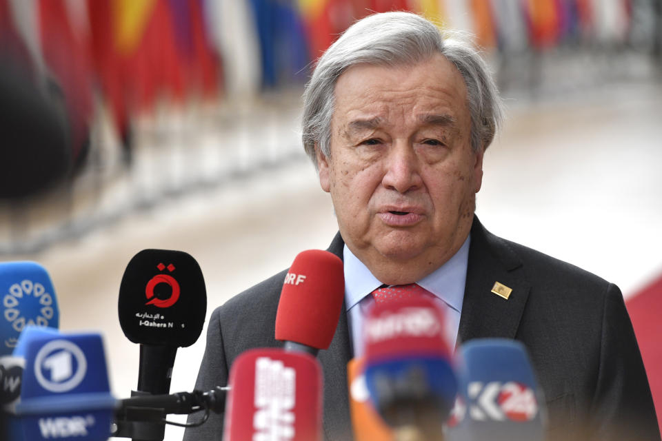 United Nations High Commissioner for Refugees Antonio Guterres speaks with the media as he arrives for an EU summit at the European Council building in Brussels, Thursday, March 23, 2023. European Union leaders meet Thursday for a two-day summit to discuss the latest developments in Ukraine, the economy, energy and other topics including migration. (AP Photo/Geert Vanden Wijngaert)