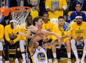 May 14, 2017; Oakland, CA, USA; San Antonio Spurs center Pau Gasol (16) fouls Golden State Warriors forward Matt Barnes (22) on a rebound during the second quarter in game one of the Western conference finals of the 2017 NBA Playoffs at Oracle Arena. Mandatory Credit: Kelley L Cox-USA TODAY Sports