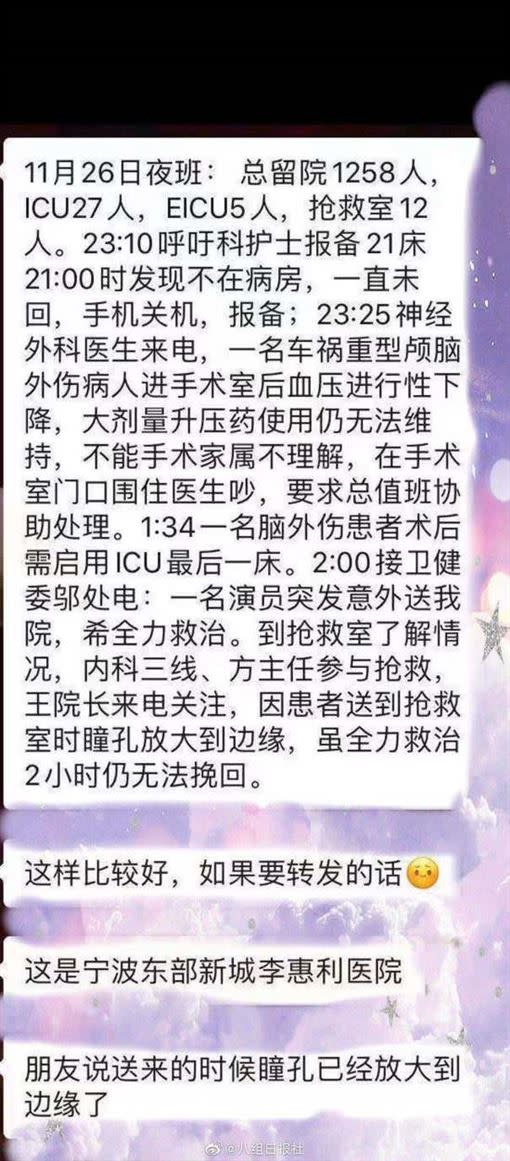 高以翔傳出送醫時瞳孔已放大到邊緣。（圖／翻攝自八組日報社微博）