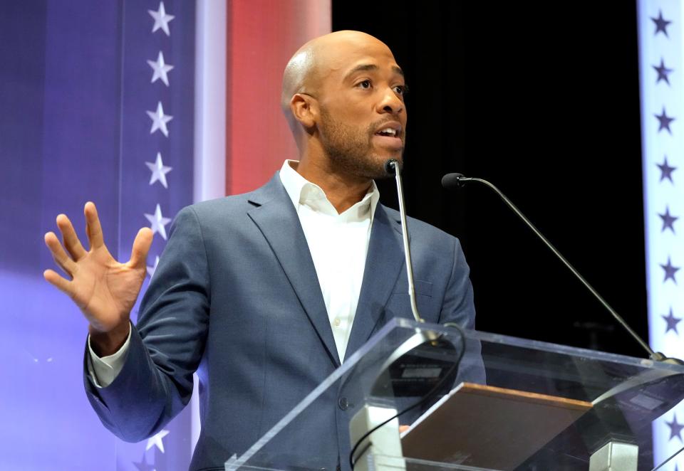 Lt. Gov. Mandela Barnes speaks during the Democratic U.S. Senate debate at Marquette University's Varsity Theatre in Milwaukee on Sunday, July 17, 2022. It was the first televised debate of Wisconsin's campaign season before the Aug. 9 primary.