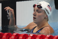 Katie Ledecky of the United States rests after her heat the women's 200-meter freestyle at the 2020 Summer Olympics, Monday, July 26, 2021, in Tokyo, Japan. (AP Photo/Matthias Schrader)