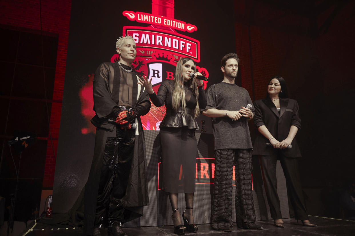 MEXICO CITY, MEXICO - JULY 19: Christian Chavez, Dulce Maria, Christopher Uckermann and Maite Perroni of RBD band speak during a special reunion organized by Vodka Smirnoff at Museo de la RefinerÌa on July 19, 2023 in Mexico City, Mexico. (Photo by Jaime Nogales/Medios y Media/Getty Images)