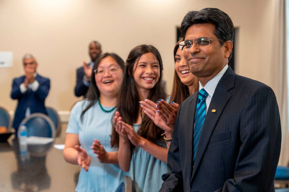 Dr. Aswani Volety celebrates with family, cabinet members and Board of Trustees as Board of Governors voted him as the next Chancellor of UNCW during their meeting May 26, 2022.