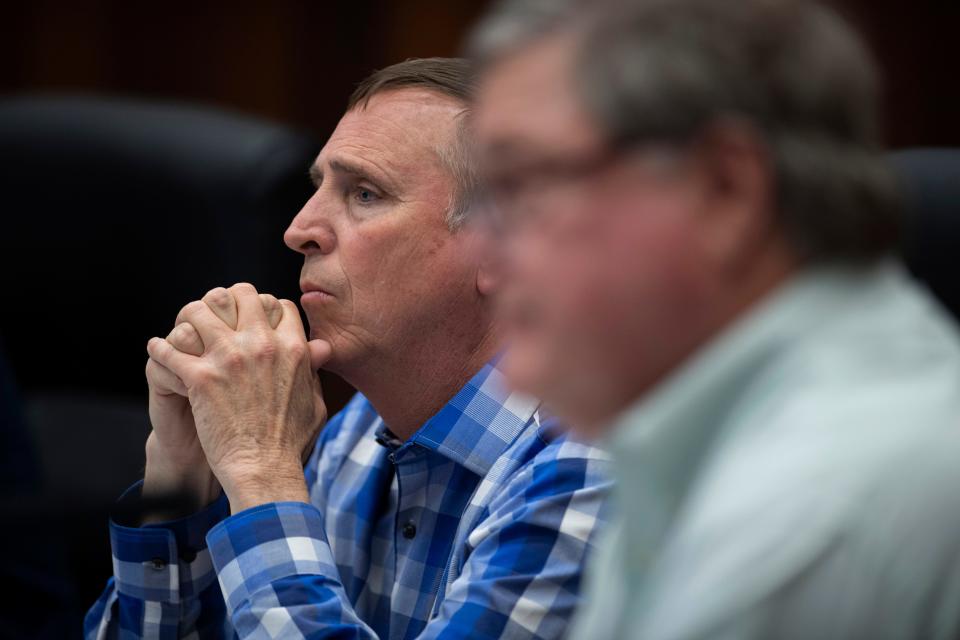 Jim Brinkmeyer, City Council – Ward 6, sits in on the proposed city noise ordinance debate during the Evansville City Council meeting at the Civic Center Monday evening, Feb. 27, 2023. Brinkmeyer voted no on the ordinance which passed 5-4.