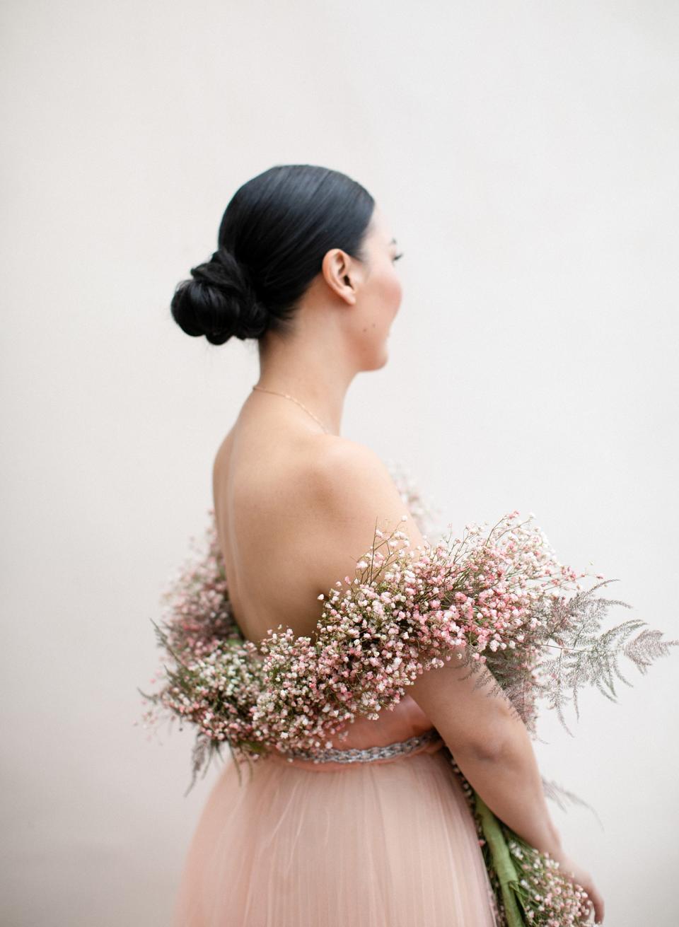 My stunning matron of honor and brother’s wife, Janet Bakhtiari, in a gown of my own design with Kiana’s dyed baby’s breath stole.