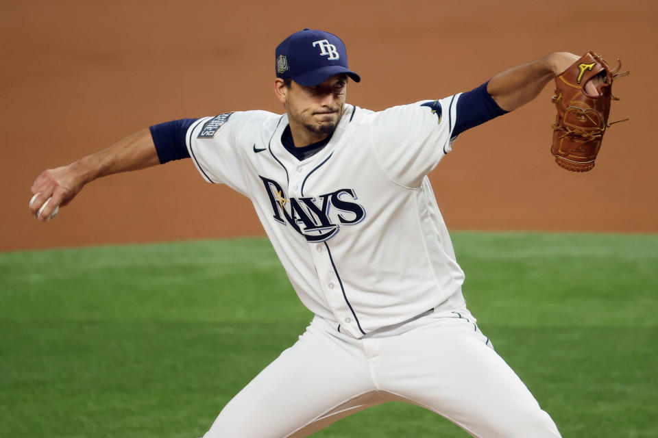 Oct 23, 2020; Arlington, Texas, USA; Tampa Bay Rays starting pitcher Charlie Morton (50) throws against the Los Angeles Dodgers during the first inning of game three of the 2020 World Series at Globe Life Field. Mandatory Credit: Kevin Jairaj-USA TODAY Sports