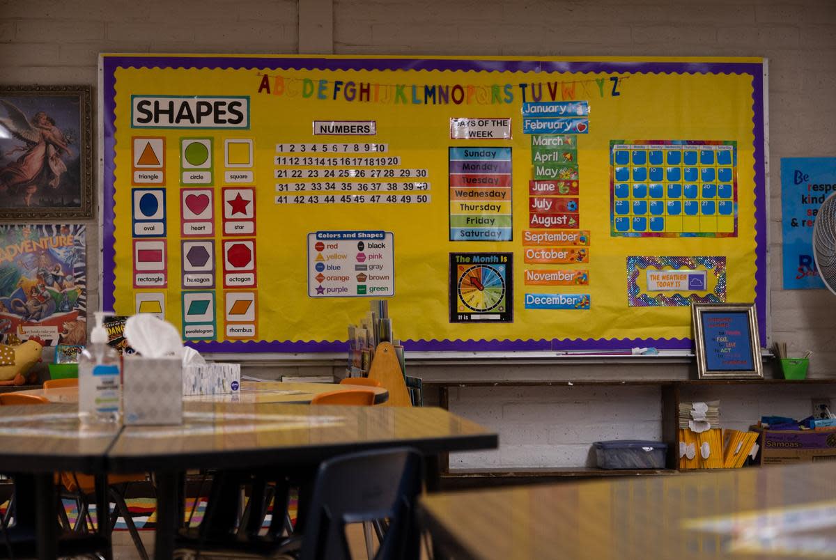 A classroom at Sacred Heart Parish School in Uvalde, on Aug. 14, 2022. The school is preparing for classes to begin the following day, a full month ahead of public schools in the Uvalde district.