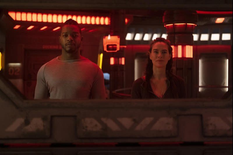 Stephan James (L) and Lena Headey star in "Beacon 23," a sci-fi thriller coming to MGM+. Photo courtesy of MGM+