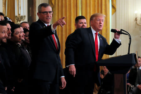 U.S. President Donald Trump hosts participants of the Wounded Warrior Project Soldier Ride, after the release of the Special Counsel Robert Mueller's report, in the East Room of the White House in Washington, U.S., April 18, 2019. REUTERS/Lucas Jackson