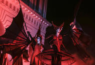 <p>Stiltwalkers from the Dutch group Close Act perform ‘Invasion’ during the Singapore Night Festival, in Singapore, Aug. 26, 2016. (Photo: WALLACE WOON/EPA) </p>