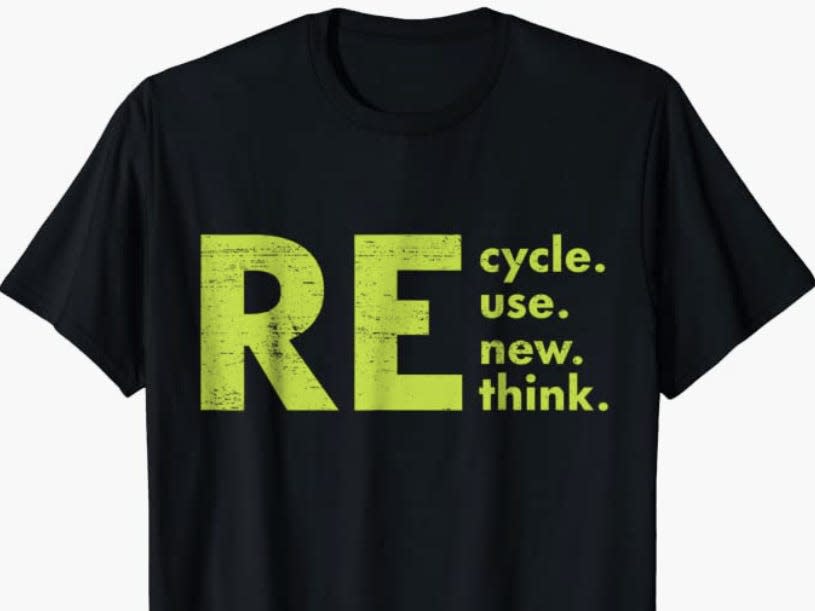 A black Walmart T-shirt with yellow print that reads "Recycle, Reuse, Renew, Rethink"