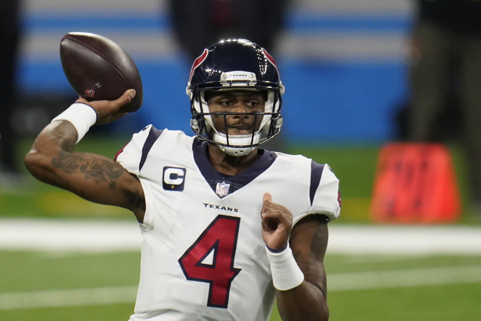 Houston Texans quarterback Deshaun Watson throws during the second half of an NFL football game against the Detroit Lions, Thursday, Nov. 26, 2020, in Detroit. (AP Photo/Paul Sancya)