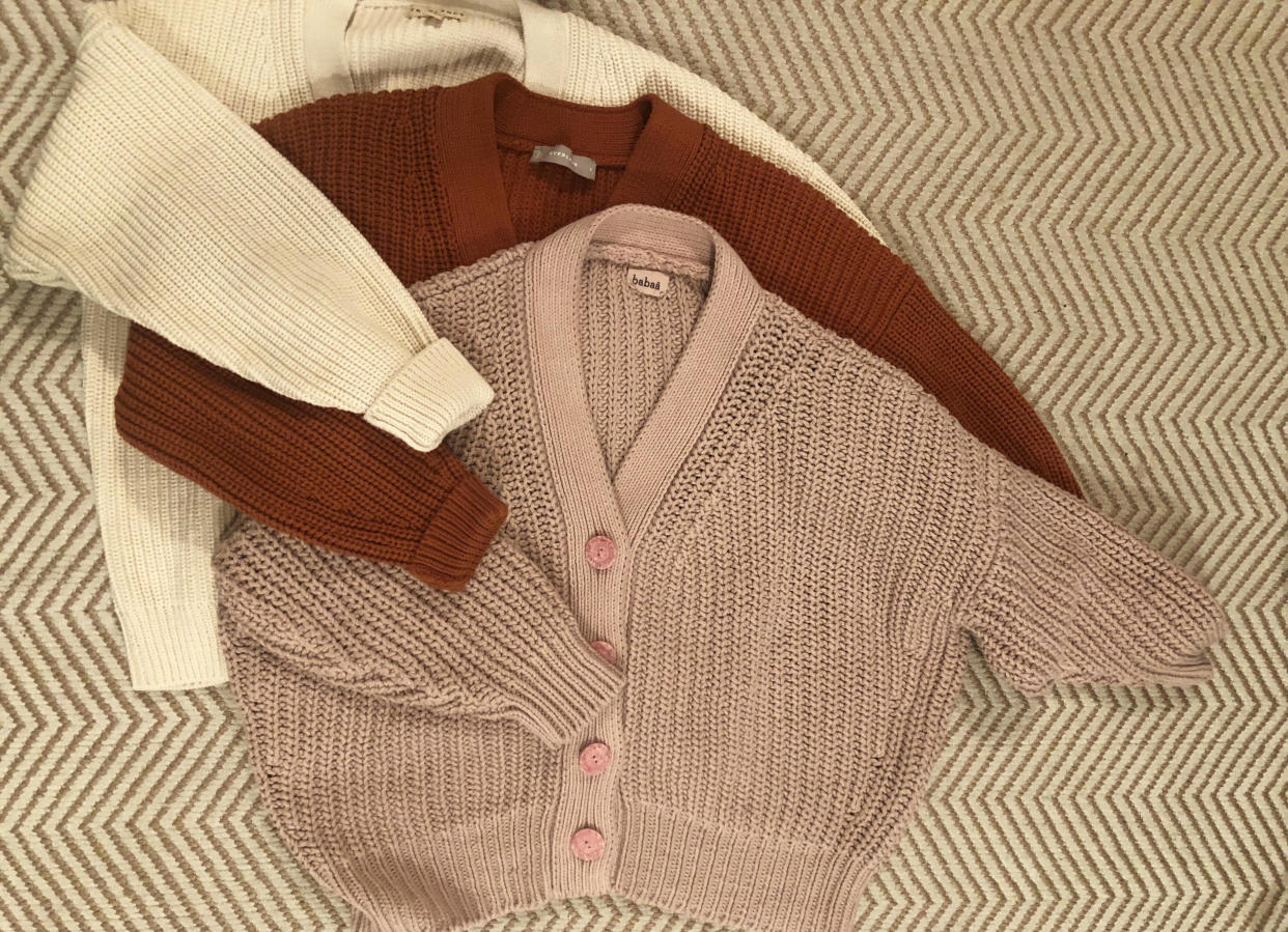 From left to right: Tradlands Shelter Cardigan, Everlane Cropped Cotton Cardigan and the cult-favourite Babaa no. 18 in plum blossom.