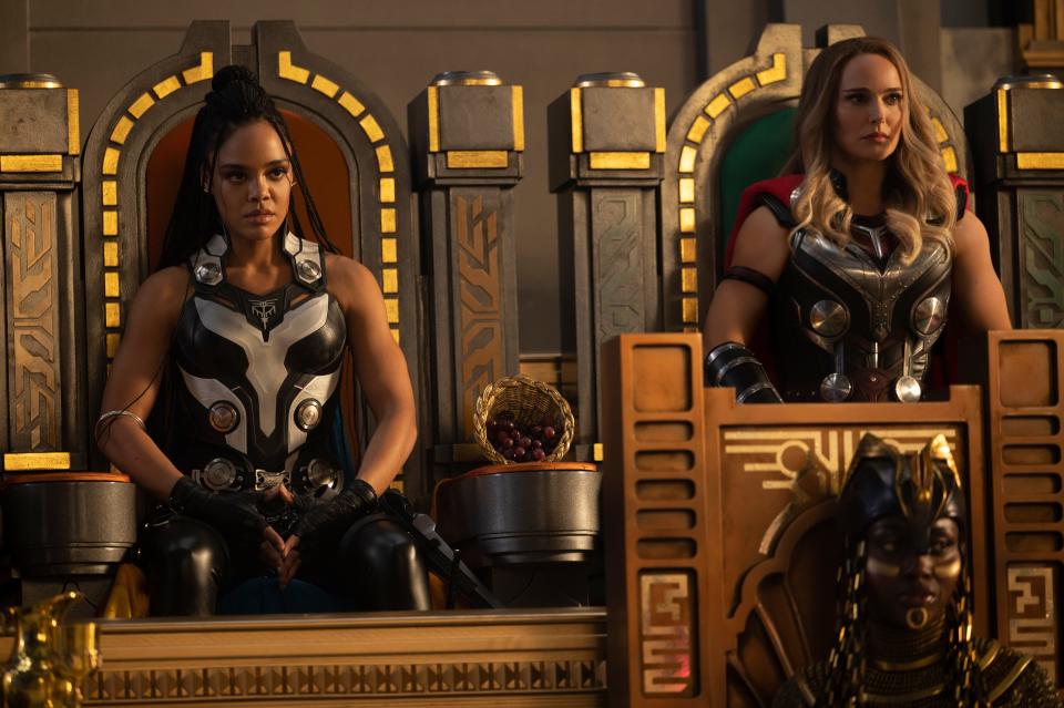 Tessa Thompson as Valkyrie (left) and Natalie Portman as Mighty Thor in "Thor: Love and Thunder."