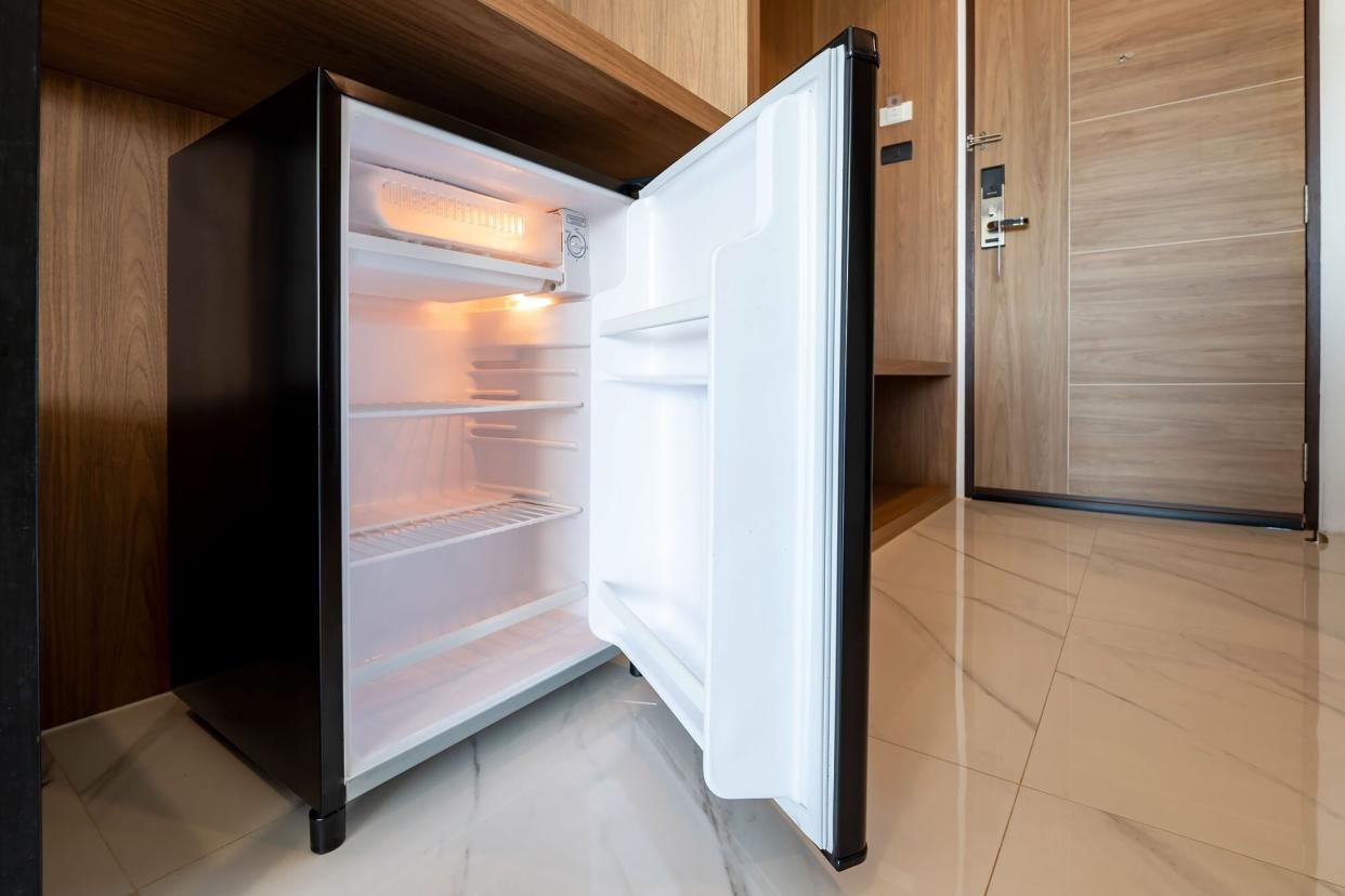 A hotel mini fridge