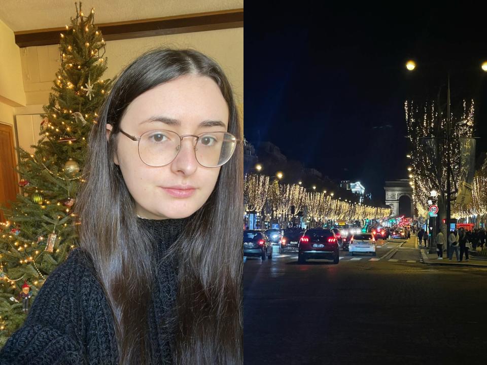 the author in front of a christmas tree and Paris around christmas