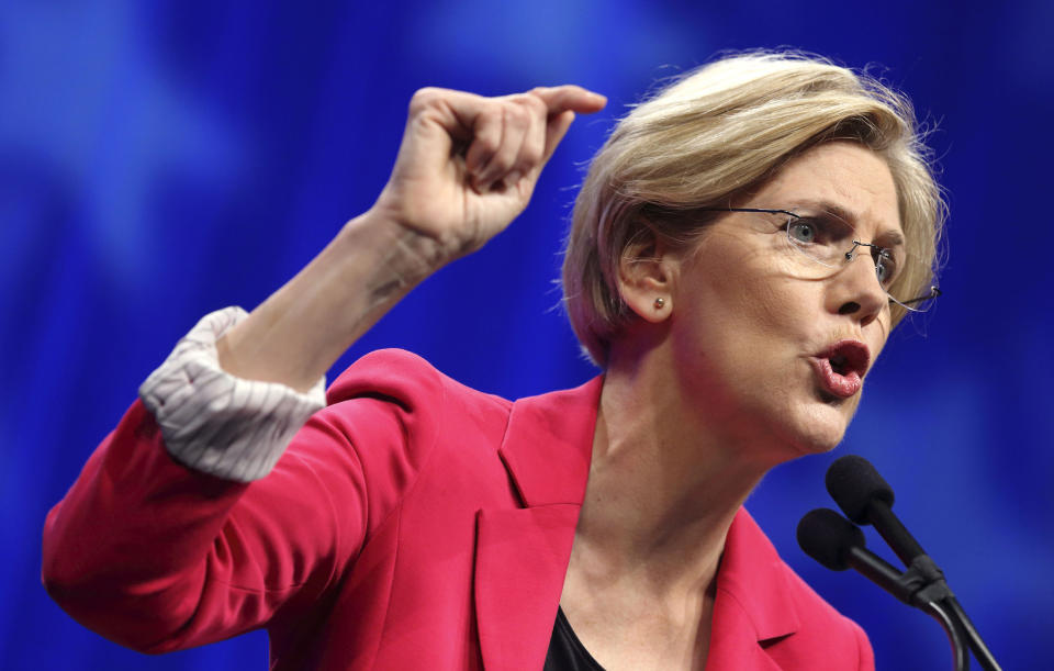 FILE - In this June 2, 2012 file photo, Massachusetts Democratic Senate candidate Elizabeth Warren speaks in Springfield, Mass.  (AP Photo/Michael Dwyer, File)