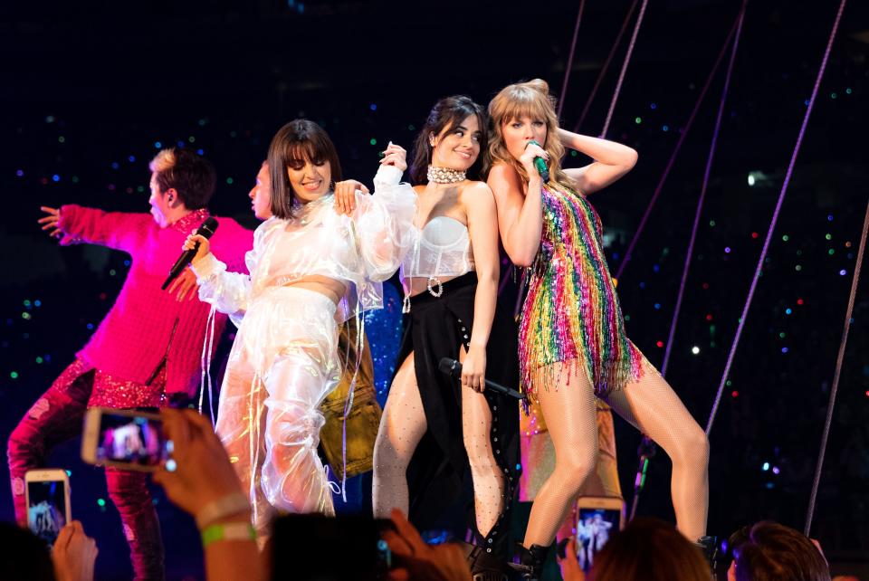 Charli XCX, from left, Camila Cabello and Taylor Swift perform during the opening night of Swift's 2018 Reputation Stadium Tour in Glendale, Arizona, on May 8, 2018.