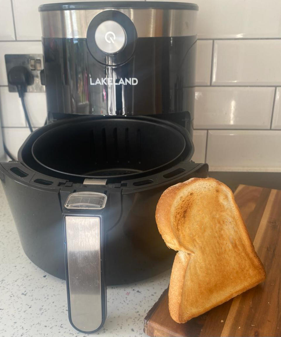 A piece of toast that has been cooked in a Lakeland Digital Crisp Air Fryer