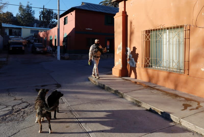 Soldiers are seen in Bavispe town near La Mora