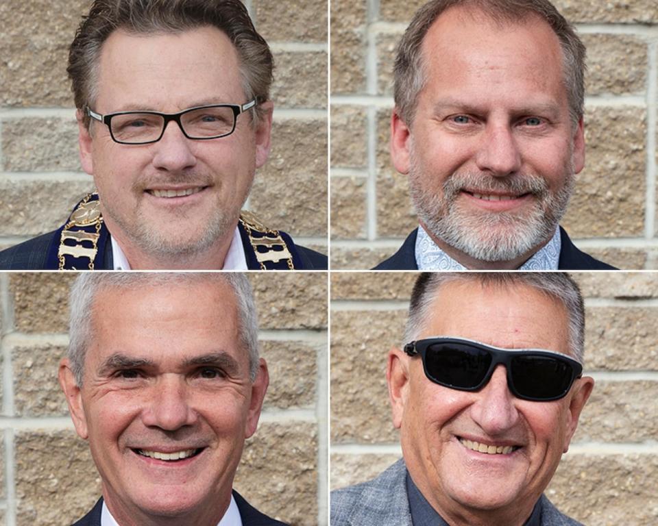 The four dismissed Chestermere councillors. Clockwise from top left; Mayor Jeff Colvin, Blaine Funk, Mel Foat and Stephen Hanley.