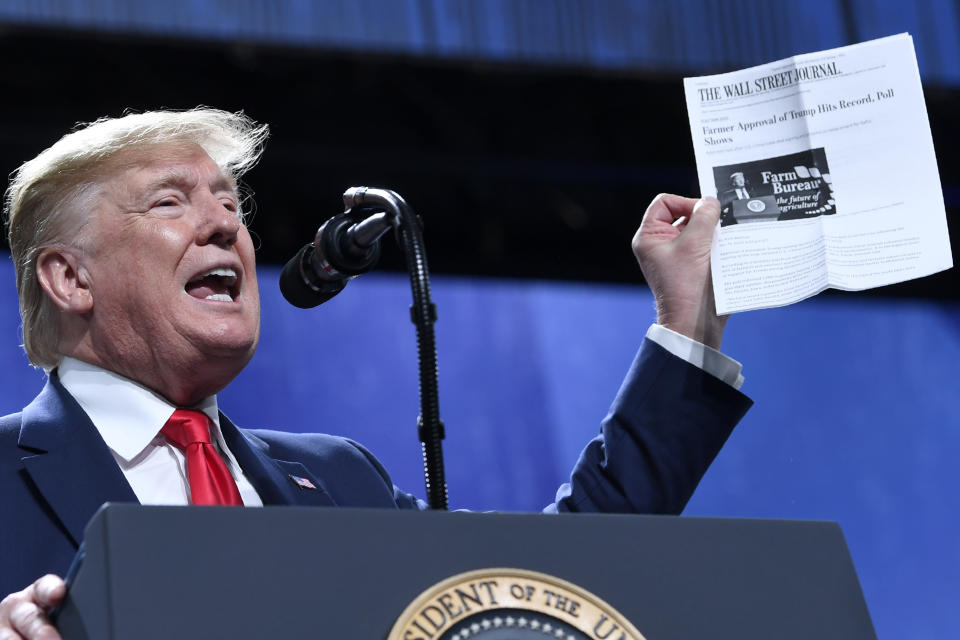 President Donald Trump speaks at the American Farm Bureau Federation's convention in Austin, Texas, Sunday, Jan. 19, 2020. (AP Photo/Susan Walsh)