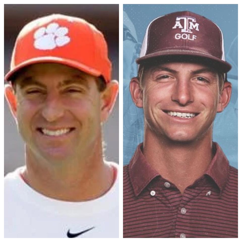 Clemson football coach Dabo Swinney, left; Texas A&M golfer Sam Bennett, right.