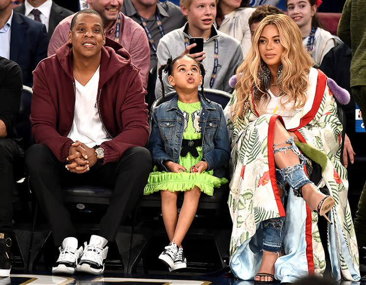 Jay Z, Blue Ivy Carter, and Beyoncé Knowles sat courtside at the NBA All-Star Game in February like the royalty they are. (Photo: Theo Wargo/Getty Images)