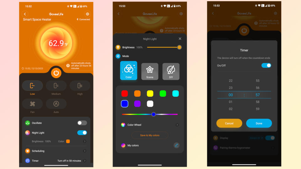 Screenshots showing how to control a Govee Smart Space Heater with the Govee app
